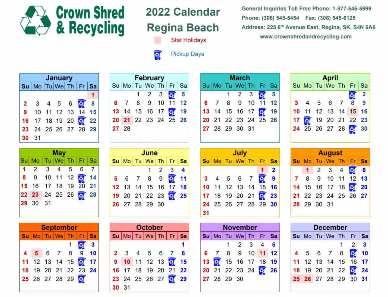2022 Crown Shred Recycling Calendar