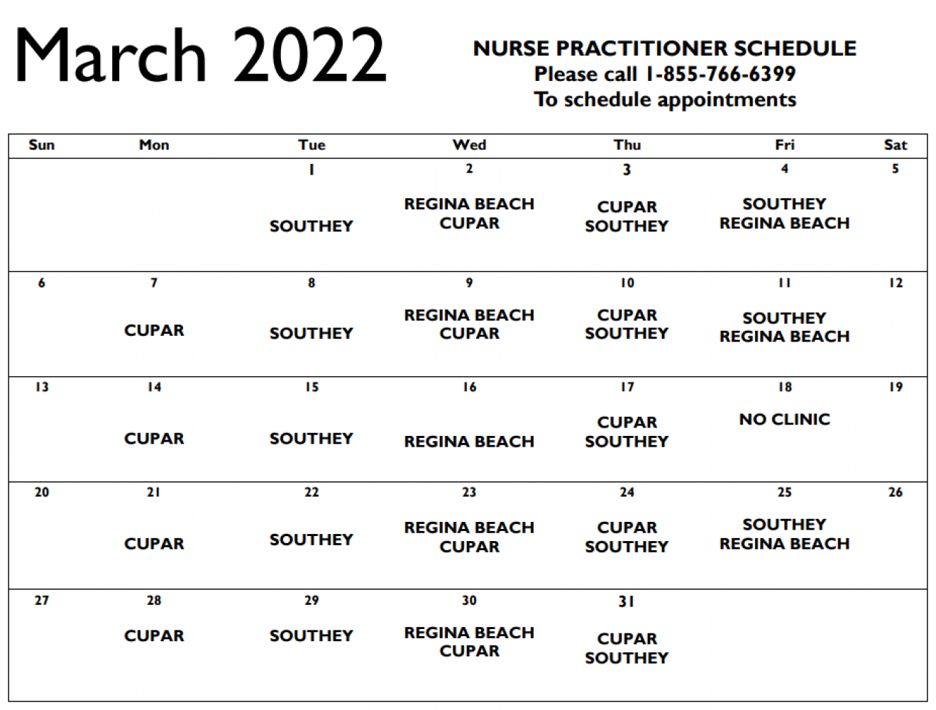 March Nurse Practitioner Calendar