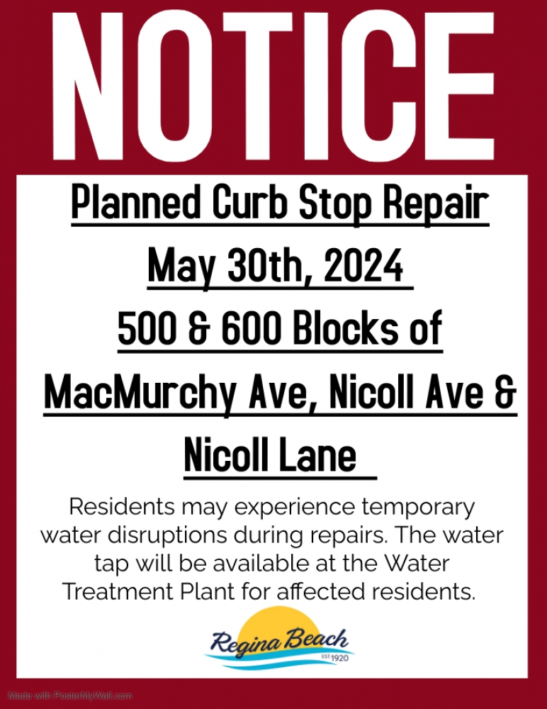 POSTPONED - Planned Curb Stop Repair - May 30th, 2024 - Until further notice