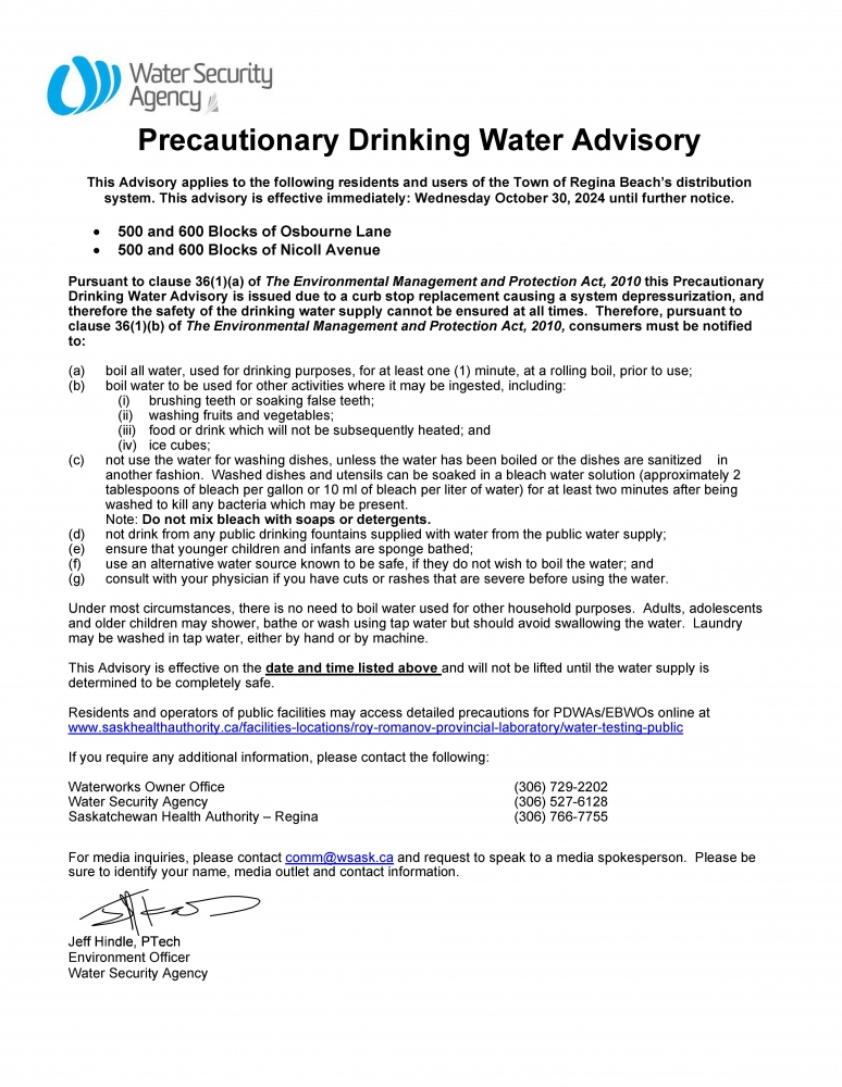 Precautionary Drinking Water Advisory - 500 & 600 block Osborne Lane and Nicoll Ave