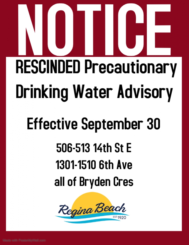 Precautionary Drinking Water Advisory Rescinded - Bryden Cr., 14th St. E., and 6th Ave.