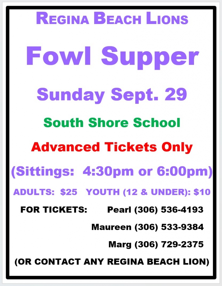 Regina Beach Lions Fowl Supper Sept 29, 2024 