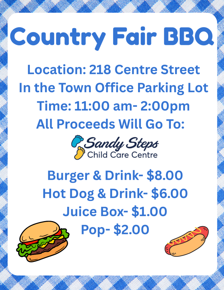 Sandy Steps Child Care Centre BBQ fundraiser - August 2nd Town Office 