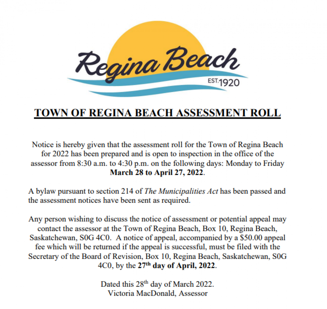 Town of Regina Beach Assessment Role - Now Open!