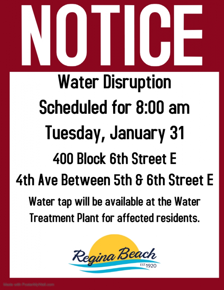 Water Disruption - Jan 31 starting at 8:00am