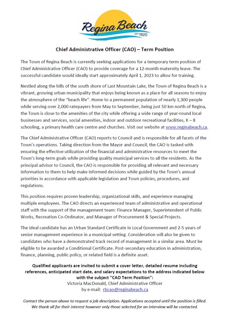 We are Hiring! Chief Administrative Officer (CAO) - Term Position