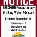 Precautionary Drinking Water Advisory Rescinded - Bryden Cr., 14th St. E., and 6th Ave.