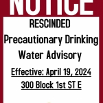 Rescinded Precautionary Drinking Water Advisory - 300 Block 1st ST E 