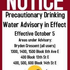 Precautionary Drinking Water Advisory - Bryden Cres, 6th Ave, 14th St E, 13th St E