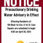 Water Break 100 Blk 1st Ave. & 1st St. E-April 29/24 UPDATE
