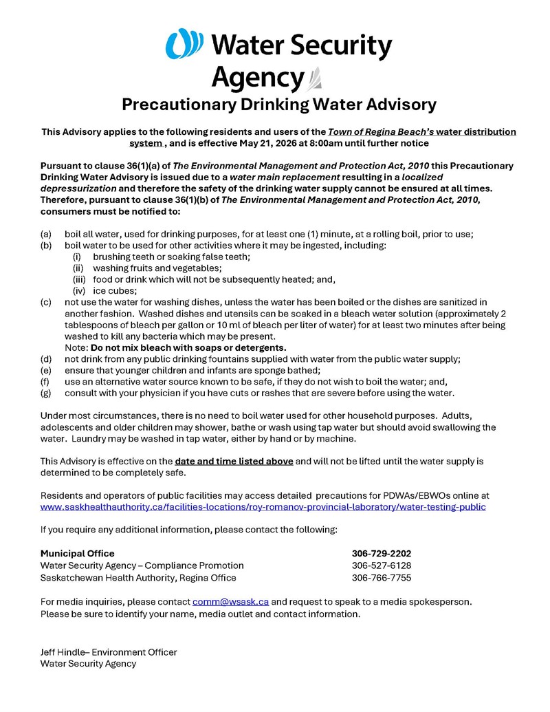 May 21, 2026 Regina Beach PDWA 1st Street East Main Replacement Poster